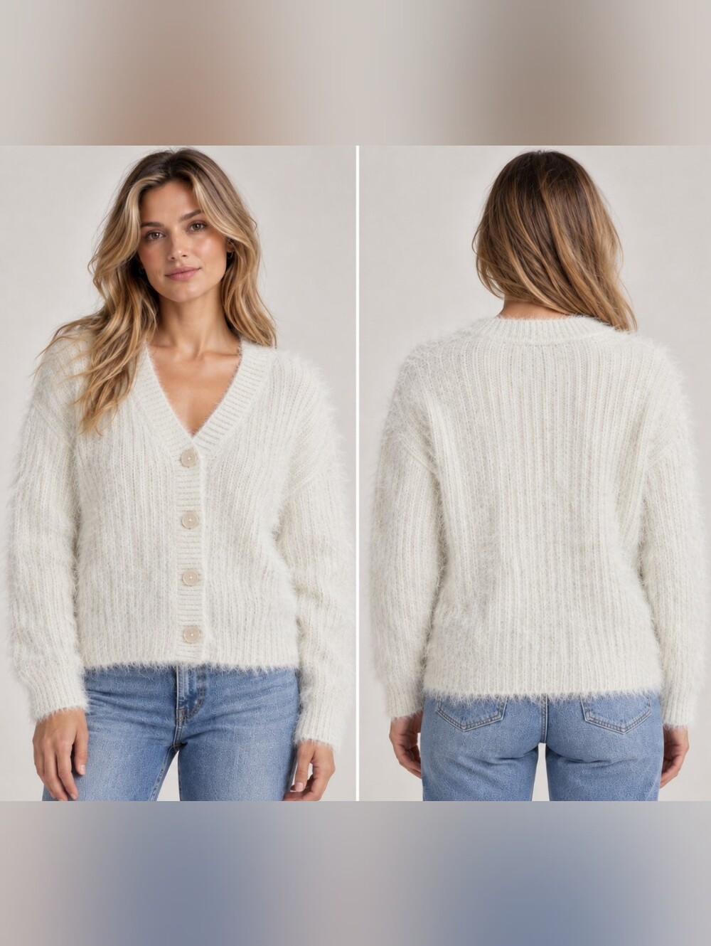 Calvin Klein Jeans Fuzzy V-Neck Button Cardigan Chalk
